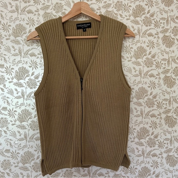 Vintage YSL Pour Homme Ribbed Zip-Up Sweater Vest Men’s S Unisex 100% Cotton - Picture 1 of 5